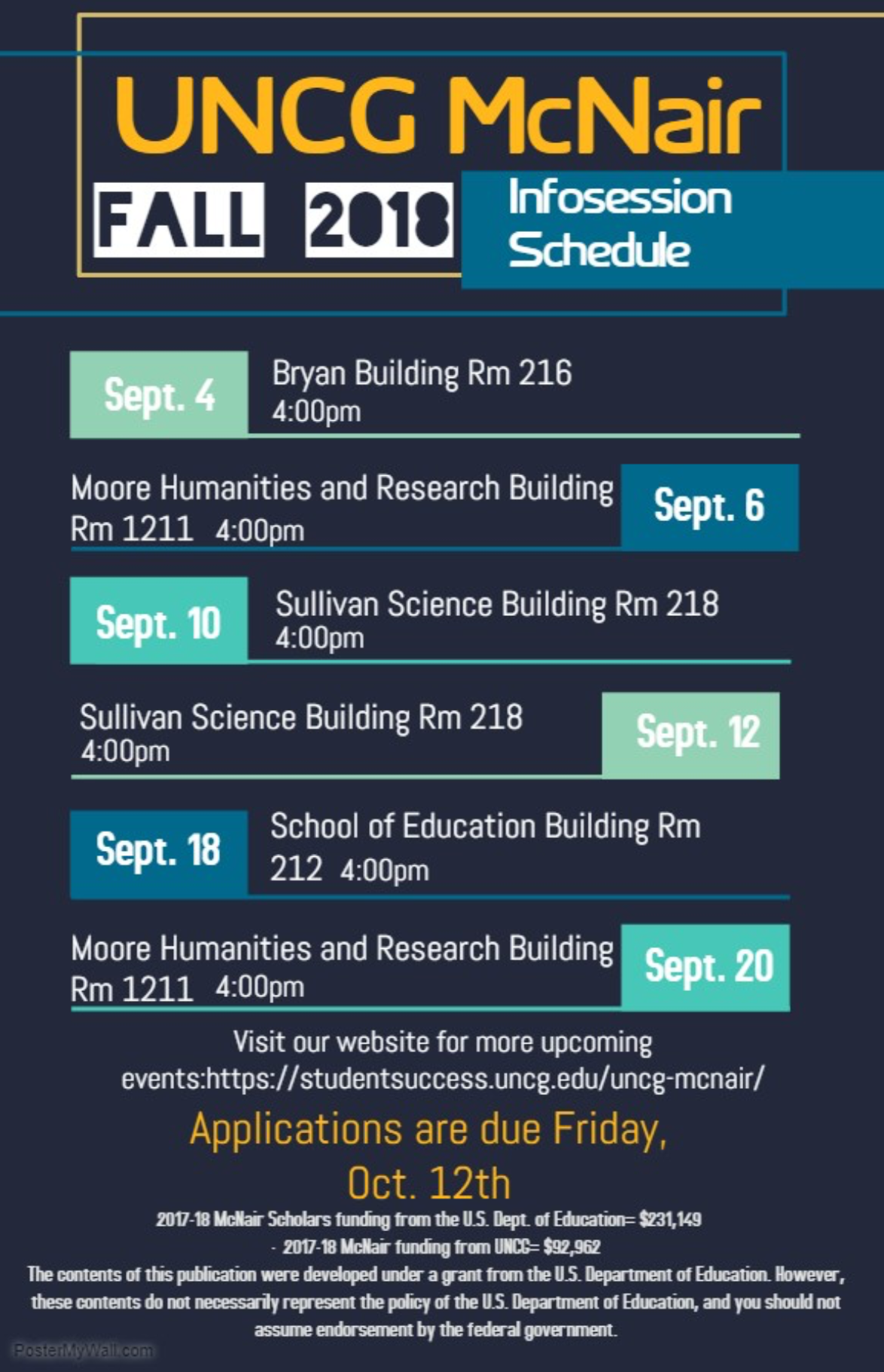 Fall 2018 UNCG-McNair Scholars Program Info Sessions and Deadline