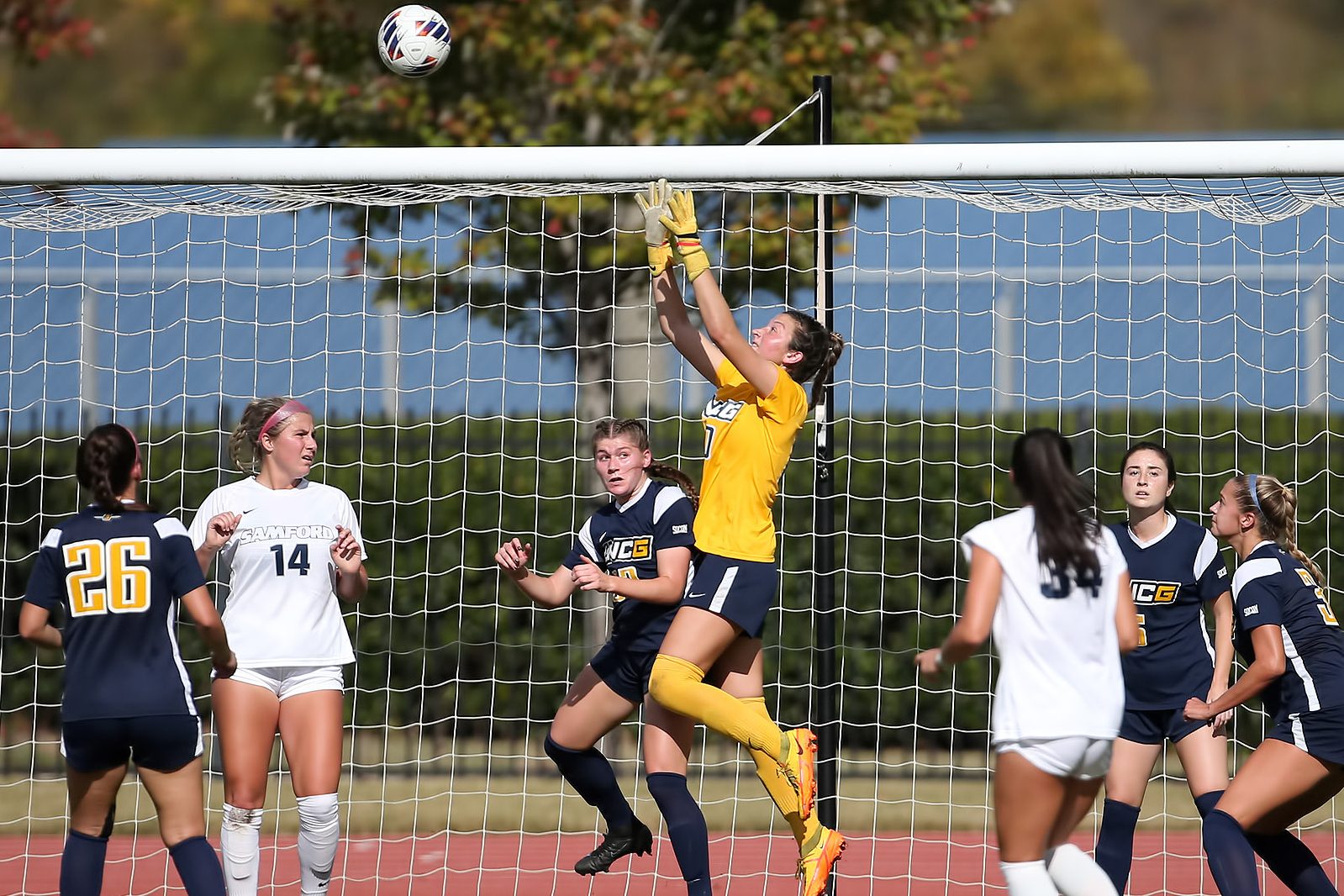 Emma Malone makes a save in a game against Samford University