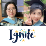Karena Zhang, left, and Yue Yin, right, graduates of UNCG TESOL programs pictured above the Project Ignite logo