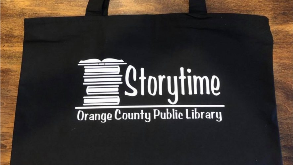 Black bag with Orange County Public Library Storytime logo