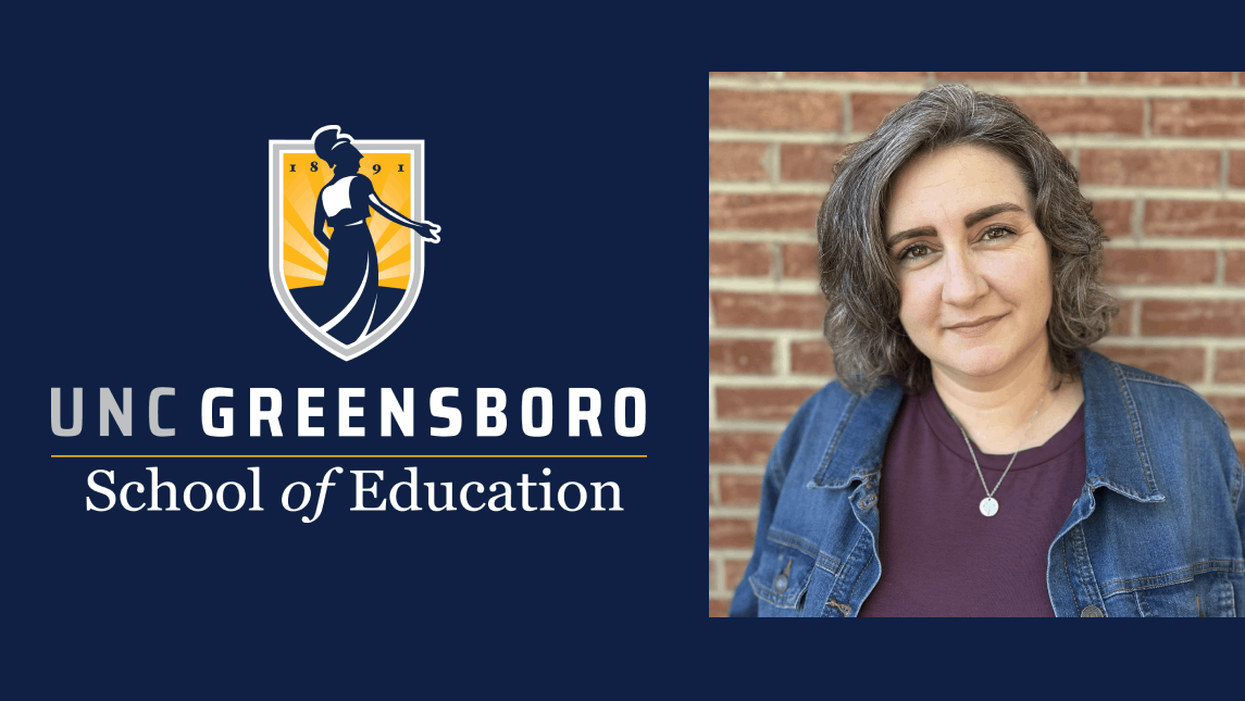 Melanie Sellers, 2024 UNCG Student Teacher of the Year, headshot on blue background next to the UNCG School of Education logo