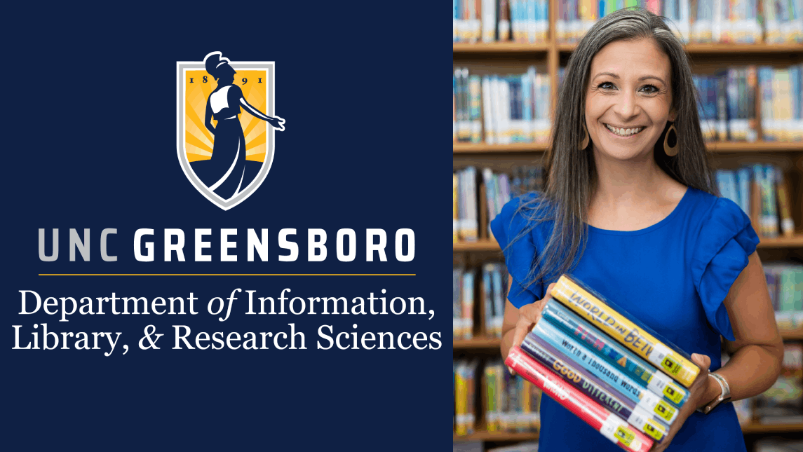 MLIS student Jennifer Miller holds books in a library. To the left is the ILRS department logo on a blue background.