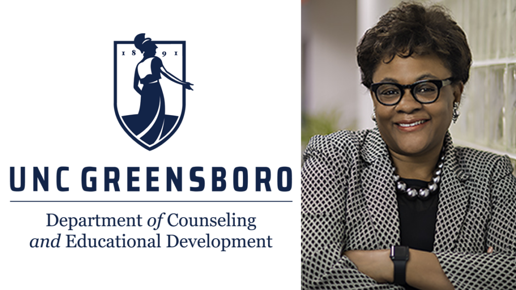 Headshot of CED alum Dr. Cheryl Holcomb-McCoy to the right of the Department of Counseling and Educational Development logo on a white background