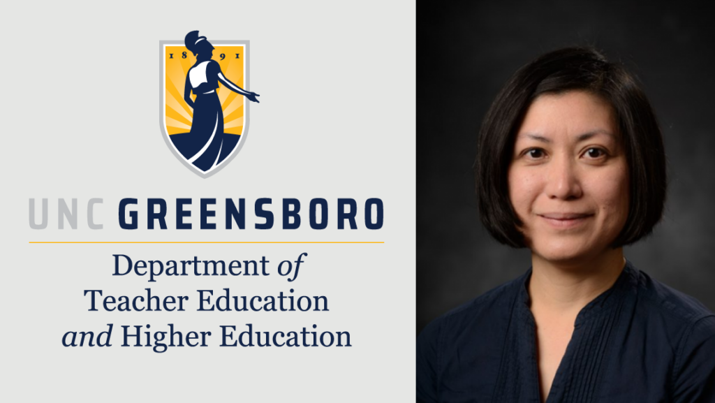 Headshot of Dr. Edna Tan to the right of the UNCG Department of Teacher Education and Higher Education logo on a gray background