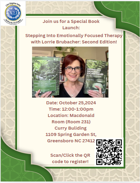 flyer promoting the special book launch: stepping into emotionally focused therapy with Lorrie Brubacher: second edition!