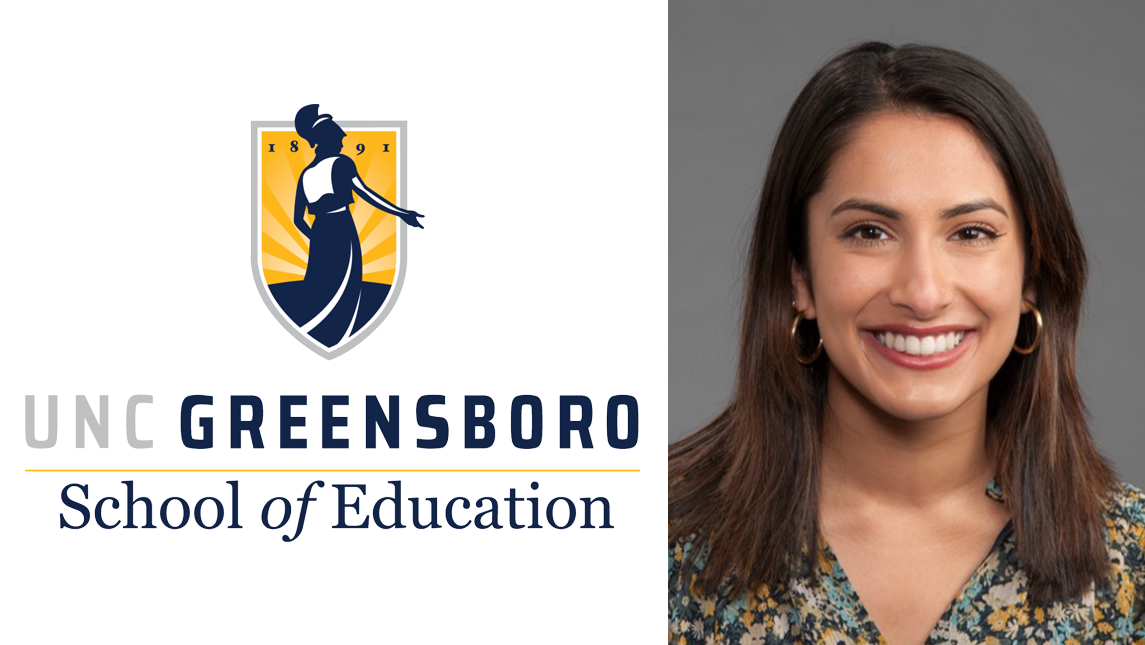 Headshot of Sara Ahmed to the right of the UNCG School of Education logo on a white background