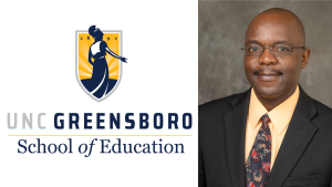 Head shot of Dr. Morgan Chitiyo to the right of the UNCG School of Education logo