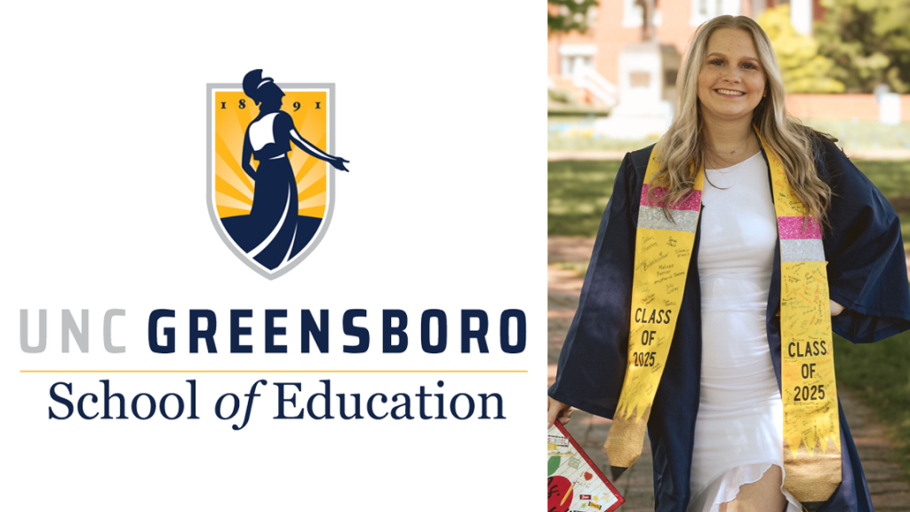 Madison Triplett wears her graduation gown and stole while standing on campus