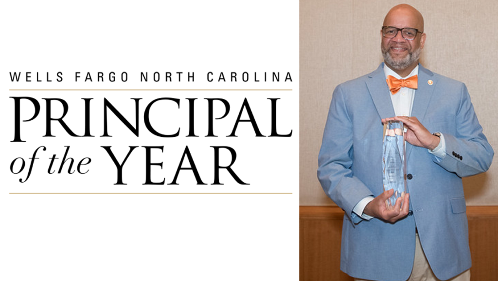 Jason Johnson, wearing light blue suit jacket, orange bow tie, and glasses, holds a clear crystal award. Beside him is a graphic that reads "Wells Fargo North Carolina Principal of the Year."