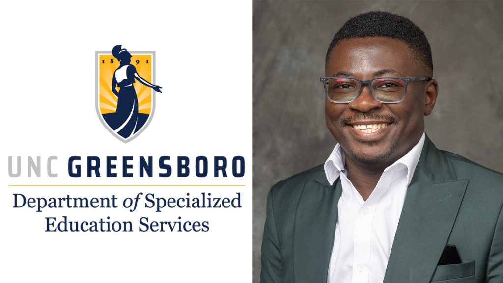 UNC Greensboro Department of Specialized Education Services logo beside a professional headshot of Tolulope Sulaimon wearing glasses, a white shirt, and a dark green blazer against a neutral background.