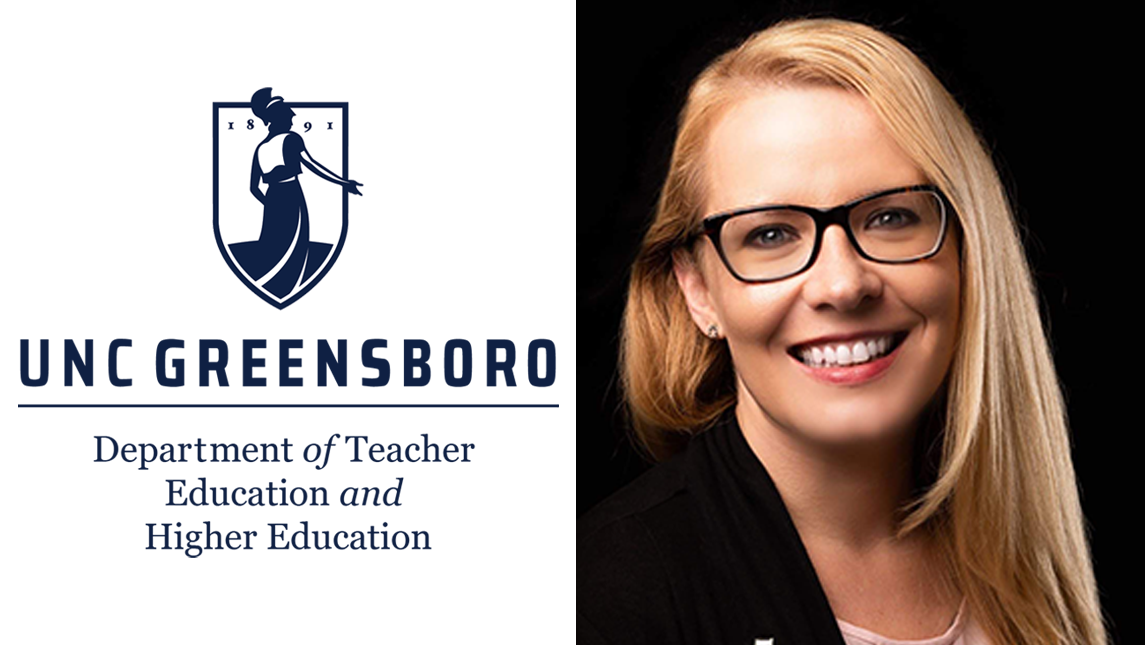 Head shot of Stephanie Moretz to the right of the Department of Teacher Education and Higher Education logo