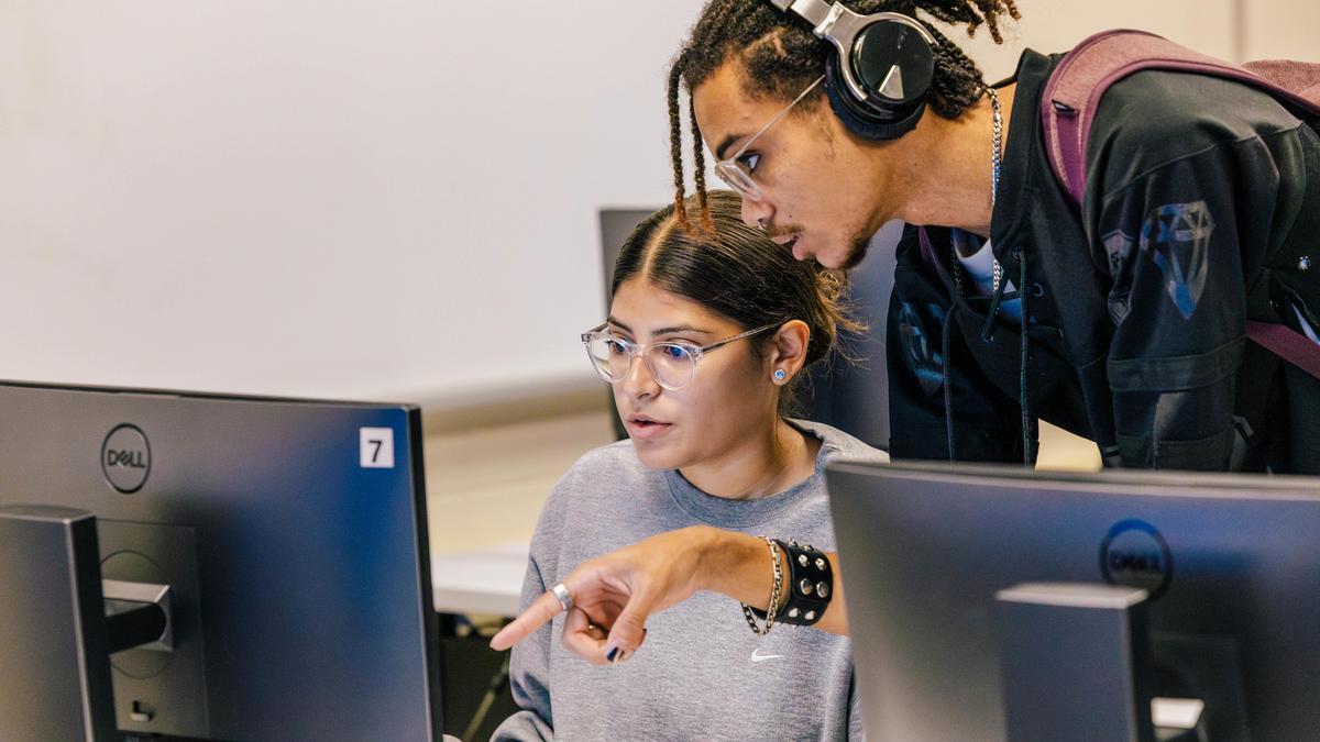 Students analyzing data and using information systems tools in a university computer lab setting