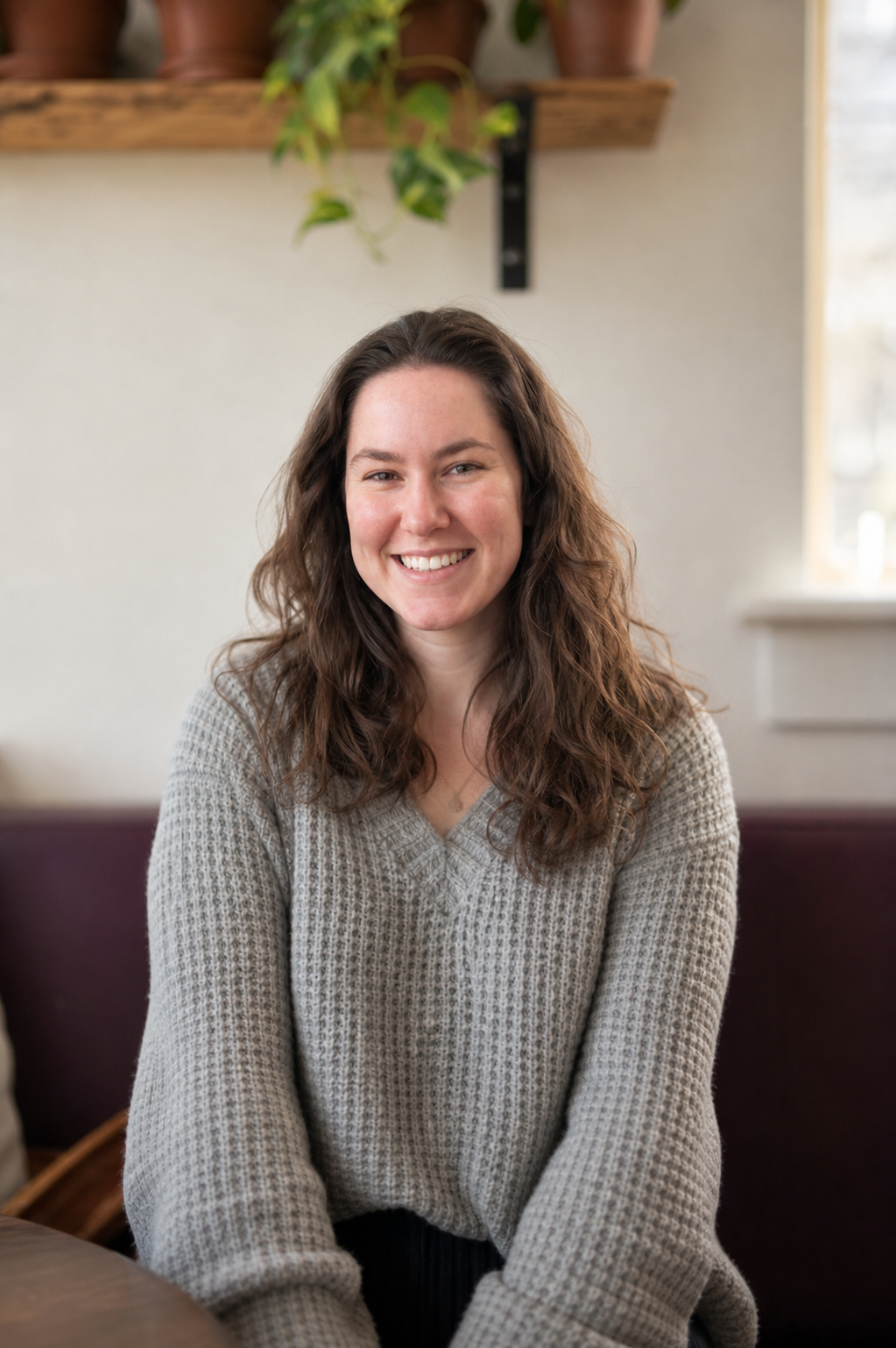 Portrait of a smiling woman with long wavy brown hair, seated on a bench indoors, wearing a gray knit sweater.