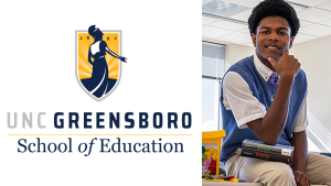 Malcolm Jones, UNCG's 2026 Student Teacher of the Year, sits on a classroom desk with a hand on his chin