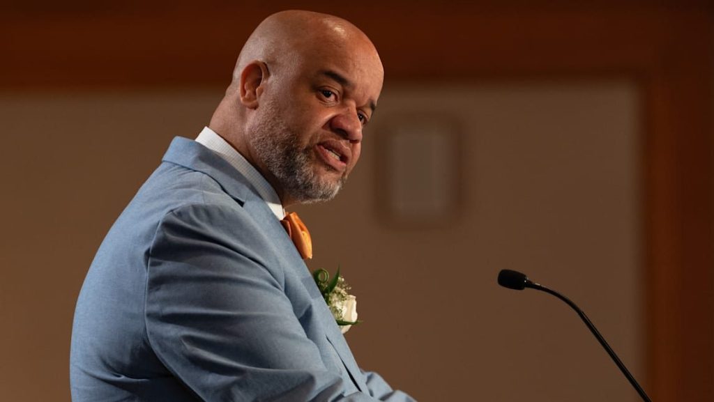 Jason Johnson, the 2026 National Principal of the Year, speaks from a podium
