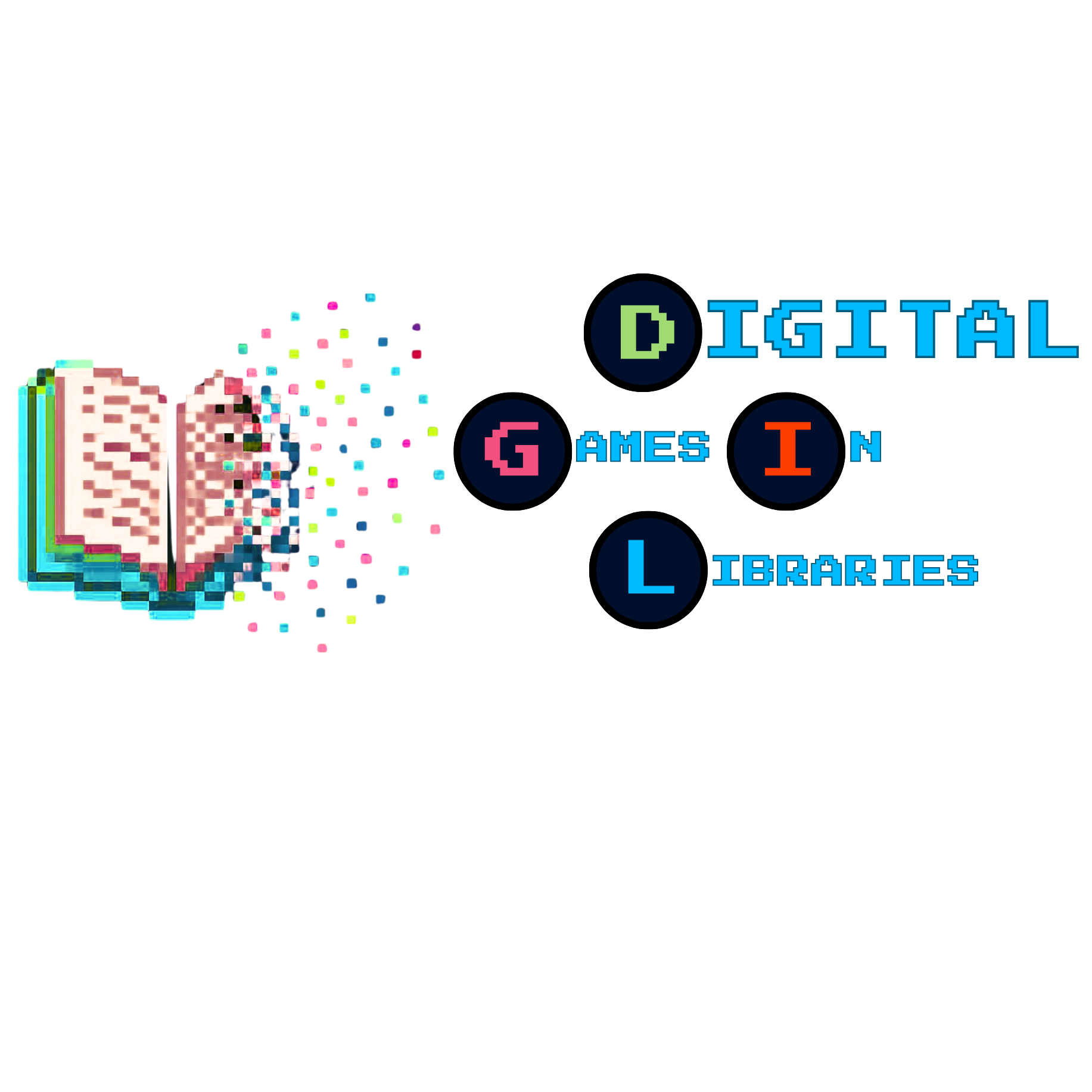 Digital Games in Libraries logo with a pixelated open book dissolving into colorful squares and the words ‘Digital Games in Libraries.