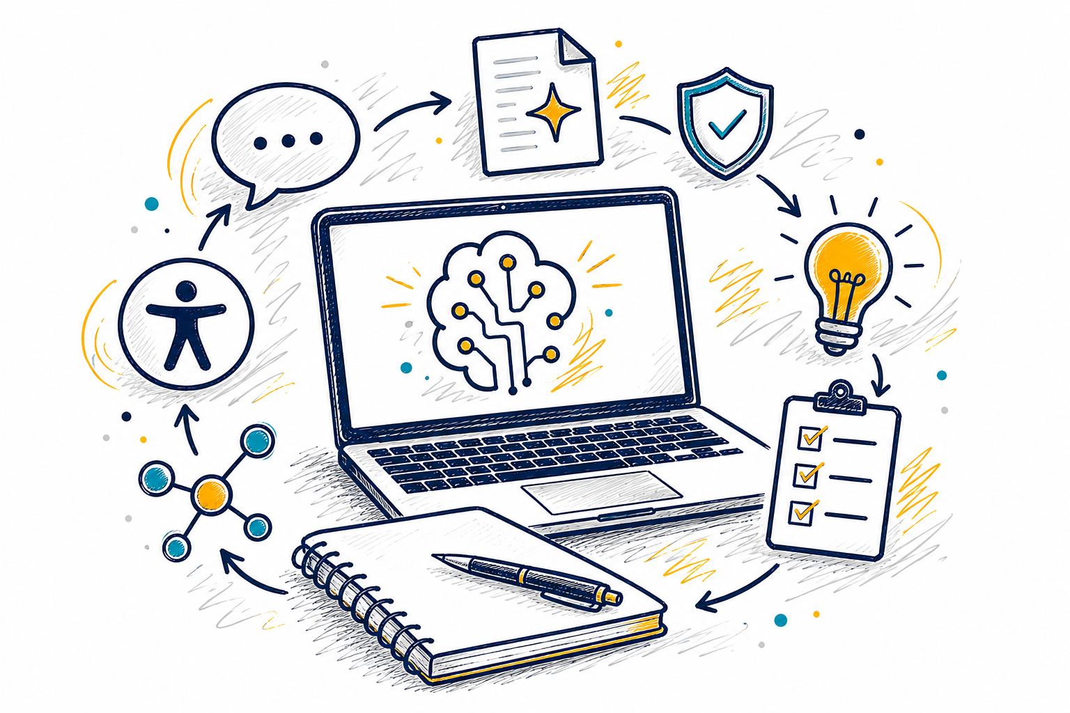 Illustration of a laptop displaying an AI circuit symbol, surrounded by icons representing accessibility, conversation, documents, privacy, ideas, collaboration, and workshop planning.